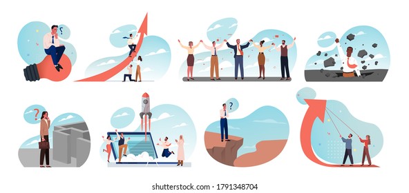 Business, idea, startup, goal achievement, success, celebration, thinking, teamwork set concept. Collection of young businessmen women working together or planning strategy or searching solution.