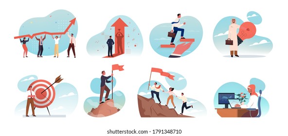 Business, idea, startup, goal achievement, success, celebration, motivation, coworking, teamwork set concept. Collection young businessmen women clerks managers working together and reaching purposes.