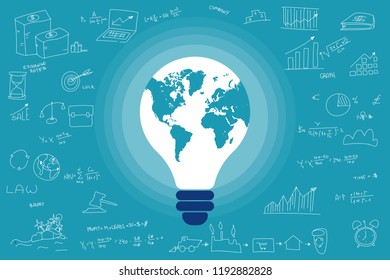 Business idea, strategy, plan, creativity concept, light bulb with world map on blue background with different icons symbols, signs, charts science graphs business drawings on it. Vector illustration.