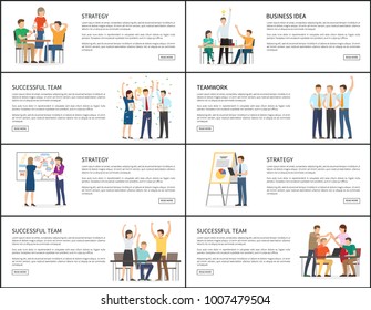 Business idea strategy successful teamwork banners vector illustration with tables, computers and schedules, text sample, various working activity