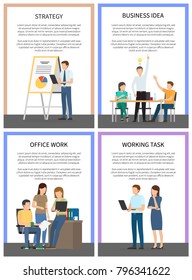 Business idea strategy working office task posters vector illustration of discussing workers with laptops and schedules, text sample, bright backdrop