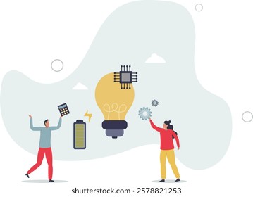 Business idea, success project generation.work battery and light bulb to generate creative innovation and new alternative solutions.flat characters.