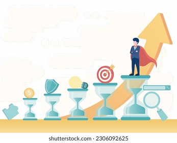Business idea. Super Boss standing on top. Leaders set goals, go ahead, plan, support, think the way to victory. Analyze data and make a plan to improve, develop, explore the competitive market.