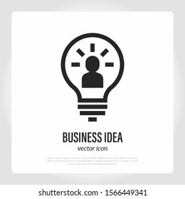 Business idea symbol, innovation, creativity. Thin line icon. Light bulb with man inside. Vector illustration.