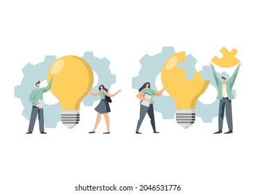business idea team metaphor people connect puzzle elements vector flat symbol design illustration of teamwork and cooperation.