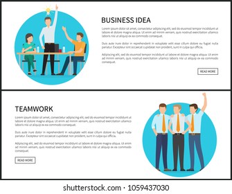 Business idea and team work promotional web pages templates. Team of businessman works on project isolated cartoon vector illustrations on banners.