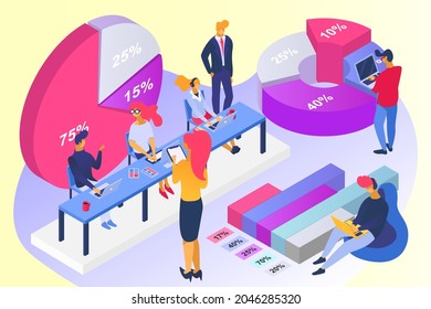 Business idea teamwork calculation percentage chart, office work clerk character together problem solution 3d isometric vector illustration.