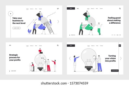 Business Idea, Teamwork Cooperation and Partnership Website Landing Page Set. Businesspeople Set Up Pie Chart, Switch on Huge Light Bulb. Solution Web Page Banner. Cartoon Flat Vector Illustration