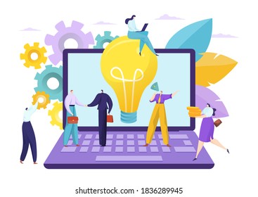 El equipo de ideas de negocio trabaja en equipo concepto creativo, ilustración vectorial Personaje del equipo de personas en grandes portátiles, comunicación en la oficina. Tecnología de soluciones y desarrollo de la cooperación en la empresa.