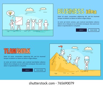 Business idea and teamwork images for web-site of leader giving solution to existing problem and people climbing on mountain vector illustration