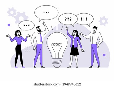 Ilustración vectorial de ideas de negocio y trabajo en equipo. Gran bombilla de luz y gente que habla.