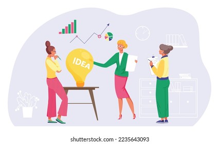 Idea de negocio en equipo, ilustración vectorial, diseño de personajes de equipo de mujeres planas nueva innovación creativa, documento de uso de trabajadores, gráfico
