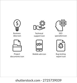 Geschäftsidee, Technischer Support, SEO-Spezialist, Projektdokumente, Mobile Anzeigen, Fehlertestbericht, Symbol