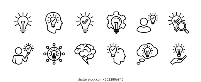 Business idea thin line icon set. Containing innovation, light bulb, creativity, inspiration, brainstorm, intelligence, thinking, invention, creative, solution, mind. Vector illustration