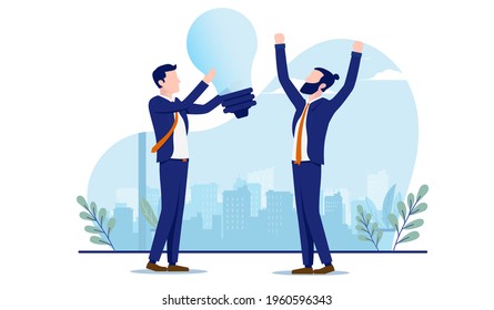 Business idea - Two businessmen with big light bulb cheering and feeling happy. Great ideas and innovative employees concept. Vector illustration with white background.