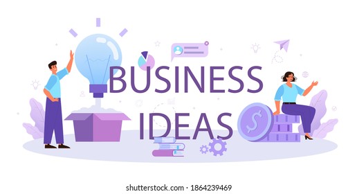 Business idea typographic header. Creative innovation and brainstorm. Solution generation and inspiration. Light bulb as metaphor. Isolated flat vector illustration