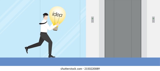 Business idea and urgent lifestyle concept. Businessman, employee, and office people run to an elevator with a light bulb. Hurry up, hustle and busy in the rush hour for performance in occupation.