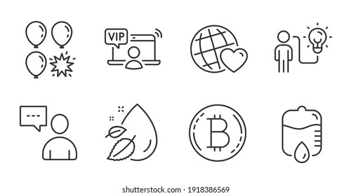 Idea comercial, los usuarios chatean y los iconos de la línea de acceso Vip se establecen. La gota de agua, el mundo de los amigos y las señales de Bitcoin. Dardo de globo, soltar símbolos de contador. Iconos de línea de calidad. Insignia de idea de negocio. Vector