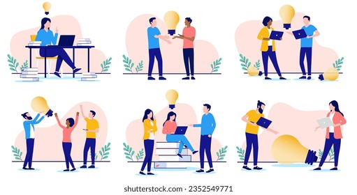 Business idea vector collection - Set of illustrations with team of people coming up with ideas  and light bulbs while working on computers. Flat design with white background