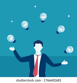Business idea vector concept: Businessman juggling light bulbs