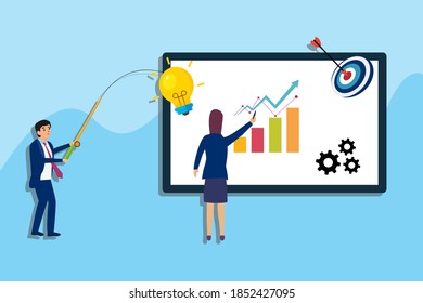 Business idea vector concept: Businessman stealing light bulb from businesswoman while writing financial graph