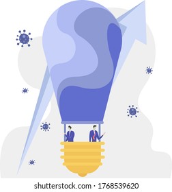 Business idea vector concept: Businessmen finds new business idea during the pandemic flying with a light bulb balloon