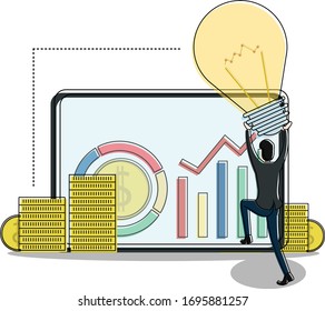 Business idea vector concept with male figure wearing a suit while lifting a big bulb toward the huge tablet presenting business charts near stack of coins, isolated in white background
