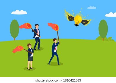 Business idea vector concept: Business people catching the flying bulb while holding the catching net 