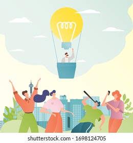 Business Idea Vector Illustration. Business People Look At Light Bulb As Hot Air Ballon. Businessman Character With Telescope. Success, Creative Solution And Innovation Concept. Brainstorming Process.