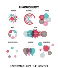 Business Idea Visualisation Inforgaphic Elements Vector Set. Blue, Brown, Pie Chart, Group Diagram, Rating, Target, Success, Arrows, Presentation Concept. Big Data Marketing Inforgaphic Elements
