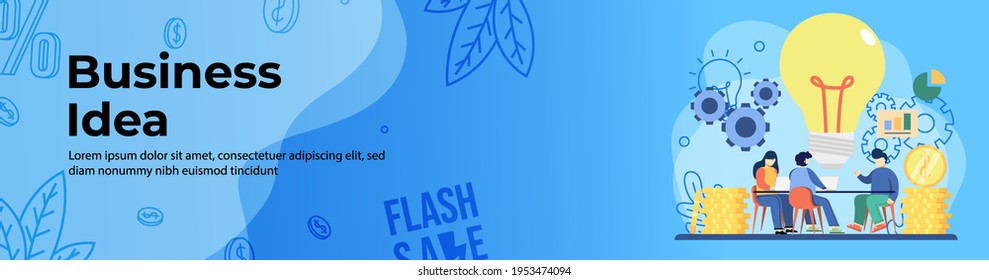 Business Idea Web Banner Design. A man and woman brainstorming creative business idea. E-Commerce, Online Shopping header or footer banner.