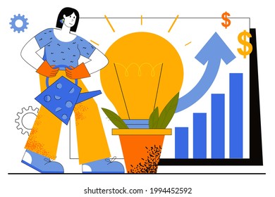 Business idea web concept. Businesswoman developing new project. Woman watering light bulb, metaphor of innovation and investment. Vector illustration for web page template in flat line design