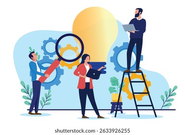Business idea work - Team or group of businesspeople generating ideas with cogwheel machinery. Entrepreneurship and innovation concept in flat design vector illustration on white background