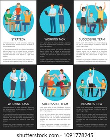 Business idea and working task, black white posters employees busy with work, affairs at job lead by team, collection of banners vector illustration