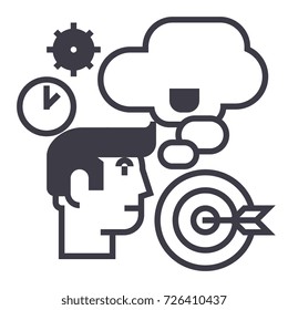 business idea,brainstorm,target goal, time, thinking man vector line icon, sign, illustration on background, editable strokes
