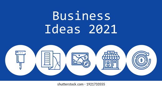 business ideas 2021 background concept with business ideas 2021 icons. Icons related clothing shop, pin, map, refund