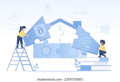 Business ideas and assemble jigsaw puzzle house. Building a jigsaw house, finance investments, saving money, protection and security. Flat vector design illustration.