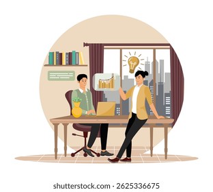Business ideas, brainstorm startup idea. team collaboration discussing in a modern office setting, focusing on growth strategies and innovative ideas.