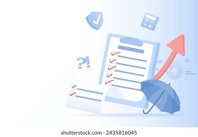 Business ideas and checklist concept. Schedule planning checklist, daily task, policy list, insurance, financial management, assignment to achieve success. Flat vector illustration with copy space.