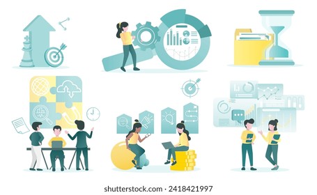 Business ideas collection set. Meeting of business people, discussion, strategy plan, tactical, time management, data analysis, setting goal for successful business. Flat vector design illustration.