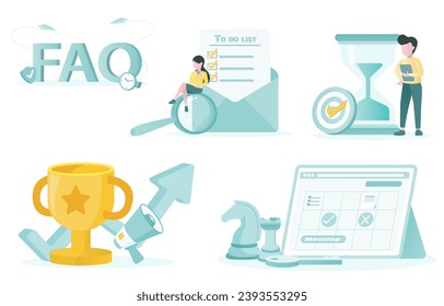 Sammlung von Geschäftsideen Frage, Antwort, FAQ, zu tun Liste, Zeitmanagement, Zeitplan Plan, Wettbewerb, Chancen, Ziele und Ziel zu erreichen Erfolg. Flache Vektordesign-Illustration.