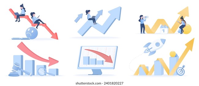 Business ideas collection set. Starting a business increases, the arrow points up, and the stock market crash, bankruptcy, the arrow decreases. Flat vector design illustration.