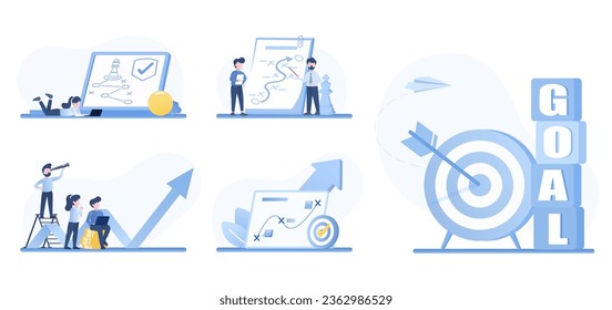 Business ideas collection set. Strategy plan, tactical management, goal setting, creativity, competition and opportunity for success. Flat vector design illustration.