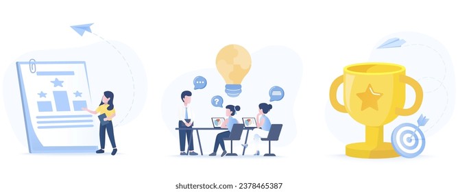 Conjunto de colección de ideas de negocio. Gestión de estrategias, planes tácticos, lluvia de ideas, reuniones, debates, preguntas y respuestas. Un negocio exitoso y creciente. Ilustración de diseño de vector plano.