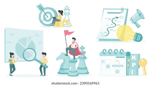 Sammlung von Geschäftsideen Strategieplanung, Weg zum Erfolg, Datenanalyse, Führung, Plan und KPI (Key Performance Indicators). Flache Vektordesign-Illustration.