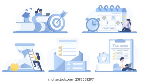 Business ideas collection set. Time management scene, planning schedule, strategy and tactical, online connection, annual tax form. Flat vector design illustration.