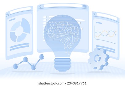 Business ideas concept. Analyzing data, brainstorm, strategy management, tactical plan, market trend, thinking, share and exchange innovation. Elements of business success. Flat vector illustration.