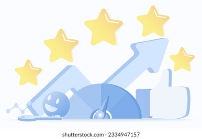 Business ideas concept. Arrow, indicate the level of customer satisfaction using a scale, feedback, opinions, positive thoughts emotions, star ratings. Business plans to improve products or services.