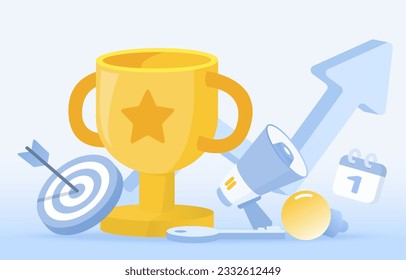 Concepto de ideas de negocio. Flecha hacia arriba, el trofeo simboliza la competencia, la oportunidad, la victoria, la creatividad, el inicio, la gestión de estrategias, el plan táctico, los objetivos y los objetivos. Ilustración vectorial plana.