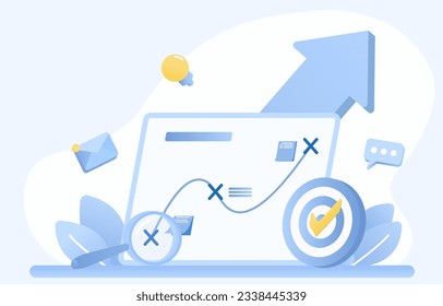 Business ideas concept. Arrow pointing to growth management strategy, tactical plan, set direction, marketing goal, analysis database. Flat vector design illustration.